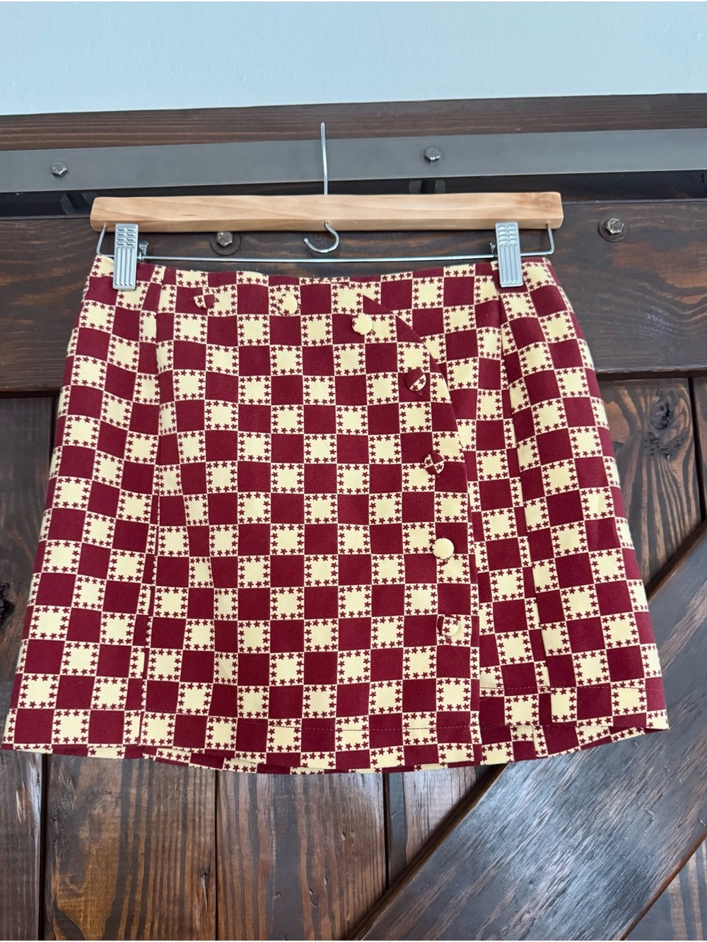 Urban Outfitters Checkerboard Button-Front Mini Skirt in Burgundy and Cream Sz S